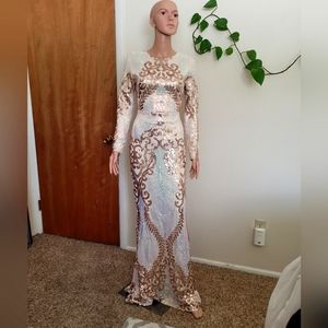 MISSORD | Formal Cream & Gold Low-backed, Full-Length Sequined Gown